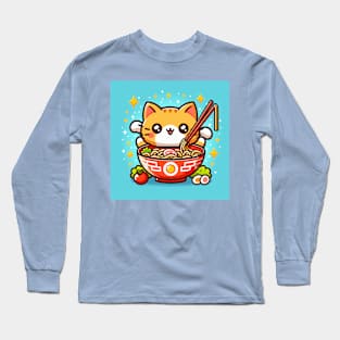 Orange Cat eating Bowl of ramen Long Sleeve T-Shirt